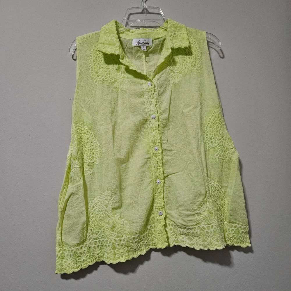 Anneliese Lime Green Sleeveless Embroidered Button Front Top Plus Size‎ 1X Boho